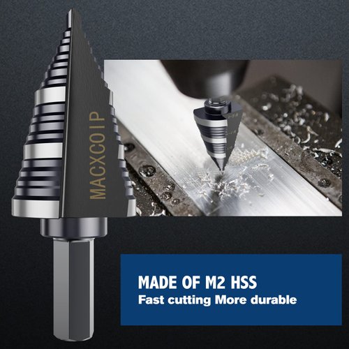 MACXCOIP M2 Step Drill Bit, 3/16 to 1-3/8 in, Double Fluted, Cutting Drill Bit for Stainless Steel, Metal, Aluminum, Copper, Wood, PVC