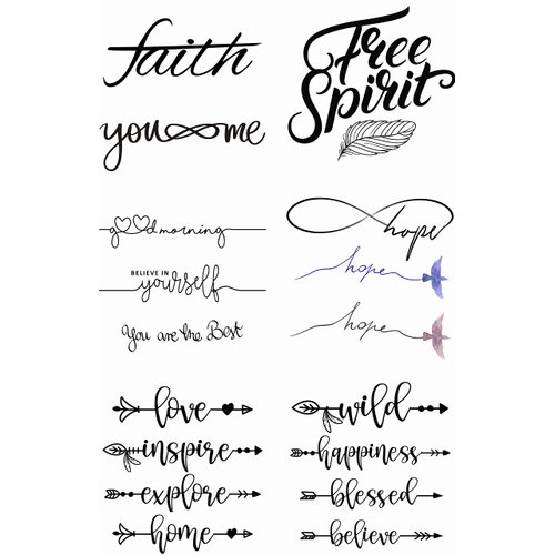 Dopetattoo 6 Sheets Temporary Tattoos Boho Arrows Watercolor Bird Feather Inspirational Word Calligraphy Phrase Quote Hand Temporary Tattoo Neck Arm Chest for Women Men Adults