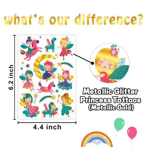 Partywind Glitter Princess Temporary Tattoos for Girls Party Favors, Princess Fairy Birthday Decorations Party Supplies, Tattoo Stickers for Kids Goodie Bag Stuffers Fillers