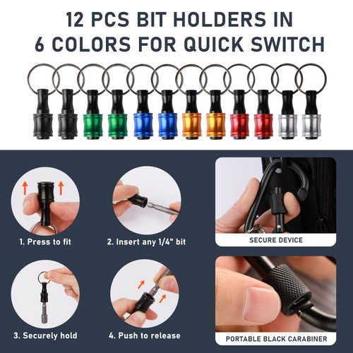 Valkynos Bit Holder Cool Gadgets, Cool Stuff Quick Release Bit Holder, 1/4 Drill Bit Holder Keychain 12Pcs, and 105° Right Angle Drill Attachment for Tight Spaces, 13Pcs Stocking Stuffers for Men Dad