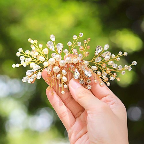 JONKY Crystal Wedding Hair Comb Gold Rhinestone Bride Hair Piece Bridal Pearl Hair Accessories for Women