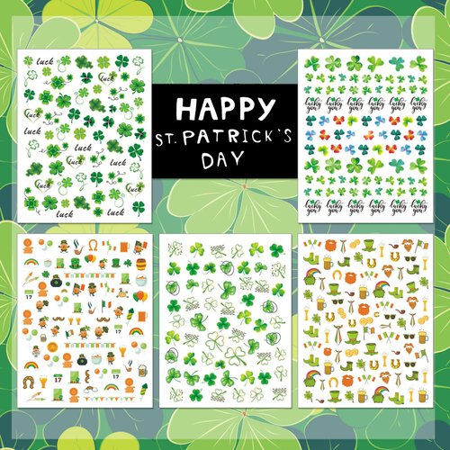TailaiMei 10 Sheets St. Patrick's Day Nail Art Stickers, Self-Adhesive Shamrock Nail Decals for DIY Nail Decorations, 3D Design for Leprechaun (Cute Style)