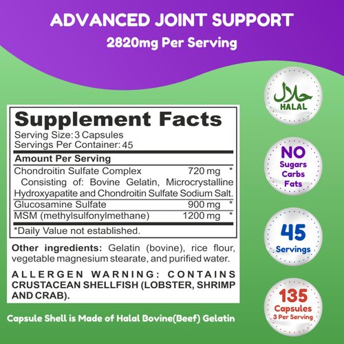SHIFAA NUTRITION Halal Joint Support Supplement for Men & Women. Glucosamine Chondroitin MSM for Mobility, Cartilage Repair & Joint Comfort, Back & Knee Pain Relief. Non-GMO, Gluten-Free. 135 Capsules