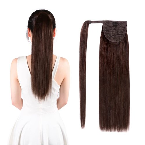 Winsky 16" Human Hair Ponytail Extension Wrap Around - Medium Brown Straight Pony Tail Real 100% Real Remy Hair Extensions for Women (16 Inch #4, 80gram)