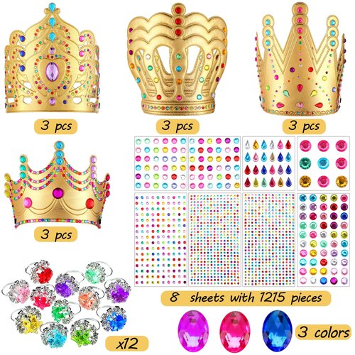 12 Pieces Foam Princess Tiaras Crown 928 Pieces Gem Stickers 12 Gem Rings Craft Making Kits Birthday Party Favors