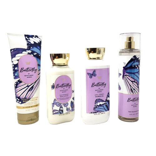 Bath and Body Butterfly Scented Deluxe 7pc Gift Set includes Fine Fragrance Mist, Body Cream, Lotion, Shower Gel, Cello Bag, Ribbon, and Tag