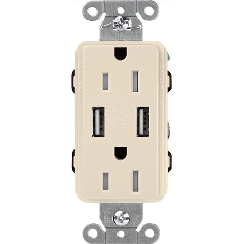 Lutron Claro 15 Amp USB Duplex Outlet | CAR-15-UBTR-LA | Light Almond