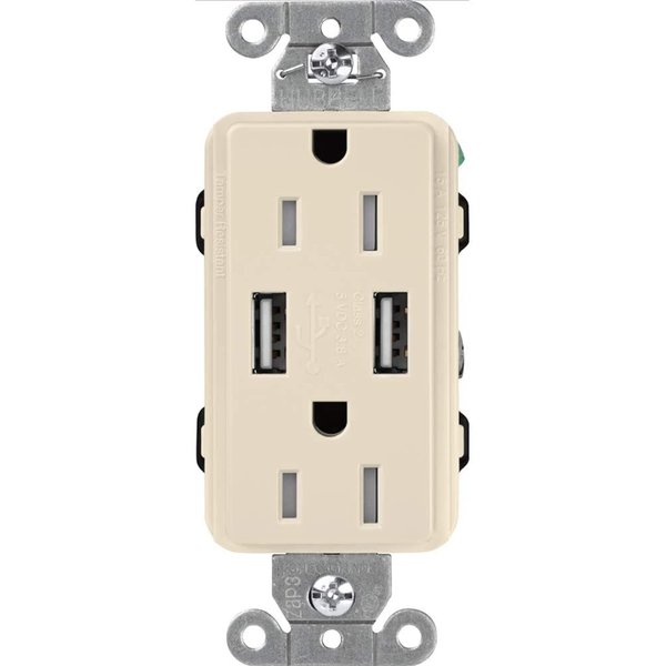 Lutron Claro 15 Amp USB Duplex Outlet | CAR-15-UBTR-LA | Light Almond