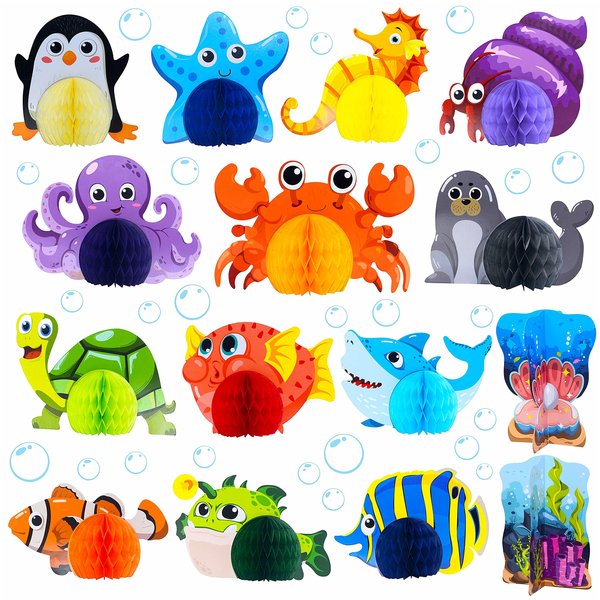 15 Pieces Sea Animal Honeycomb Centerpiece, Ocean Themed Marine Creature Decoration Table Honeycomb Party Supplies for Party Table, Birthday, Baby Shower