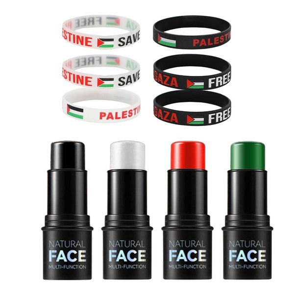 Narsen Face & Body Paint Stick Set with 6 pcs Free Elastic Silicone Wristbands - Black, Red, White, Green 4pcs Body Crayons for Eye Black, Face Painting, Makeup, Cosplay - Support Palestine