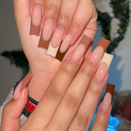 MISUD Fall Press on Nails Long Square Fake Nails Glossy Glue on Nails Brown French Tip Acrylic Nails Squoval Autumn Artificial Nails 3D Rhinestone Stick on False Nails with Design 24 pcs