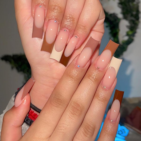 MISUD Fall Press on Nails Long Square Fake Nails Glossy Glue on Nails Brown French Tip Acrylic Nails Squoval Autumn Artificial Nails 3D Rhinestone Stick on False Nails with Design 24 pcs