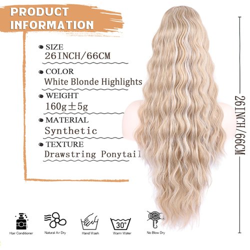 NOSTALGIA Blonde Ponytail Extensions Long Wavy Drawstring Ponytail 26 Inch Drawstring Ponytail Hair Extensions for Women Daily Use