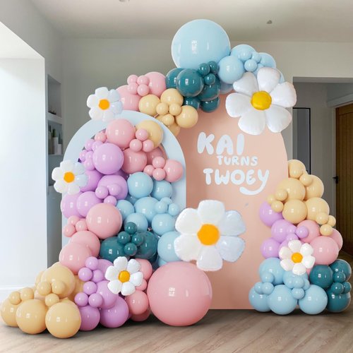 BlissBash 166Pcs Pink Blue Balloon Garland Arch Kit with Pastel Purple, Nude, Daisy Flower Balloons, Perfect for Girls' Birthday Decorations, Puppy-Themed Party Supplies, Dog Party