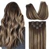 GOO GOO Clip in Hair Extensions Real Human Hair, Remy Human Hair Extensions Clip ins for Women, Natural Human Hair, 18inch 120g 7Pcs, 4/26/4 Balayage Chocolate Brown to Honey Blonde