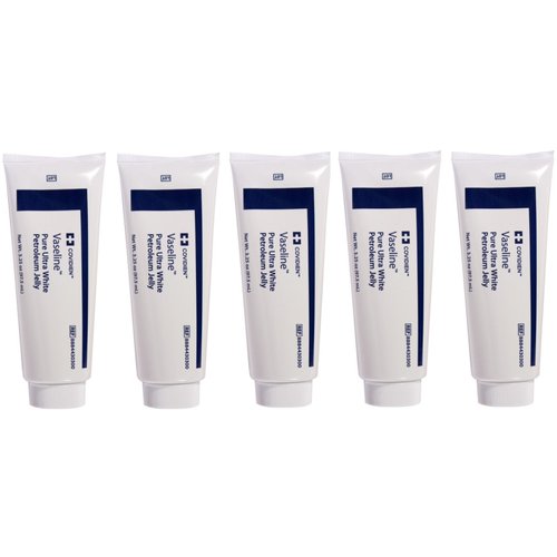 5 Pack Medical Grade Vaseline Pure Ultra White Petroleum Jelly, 3.25 oz (97.5 mL) Tubes ONLY by Kendall/Covidien