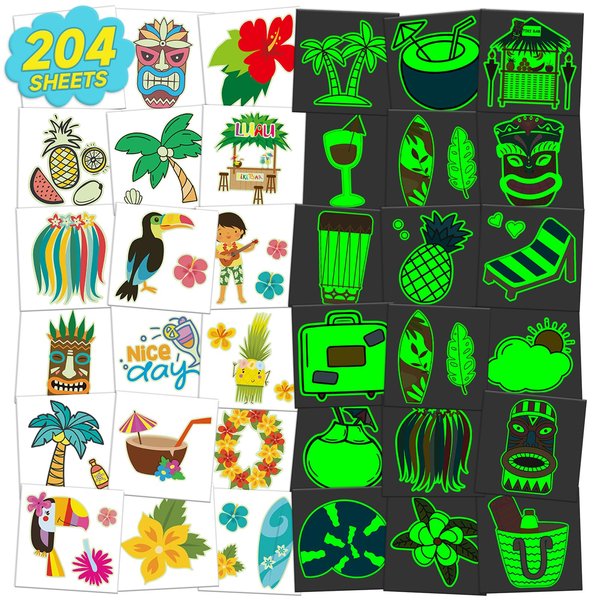 EMOME 204 Sheets Glow Individually Wrapped Temporary Tattoos for Kids, Hawaiian Luau Tropical Pool Beach Party Favors Supplies for Girls Boys, Waterproof Kids Tattoos and Fake Tattoo Stickers