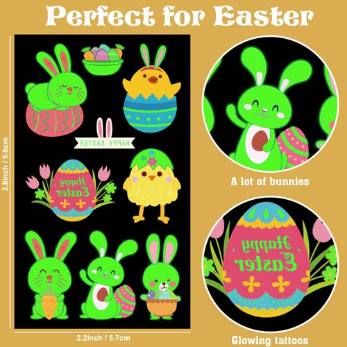 Luminous Easter Temporary Tattoos, Konsait Glow in the Dark Tattoos for Kids Rabbit Tattoos Easter Eggs Chicks Baskets Luminous Fake Tattoo Stickers Year of Rabbit Birthday Party Favors 10 Sheets