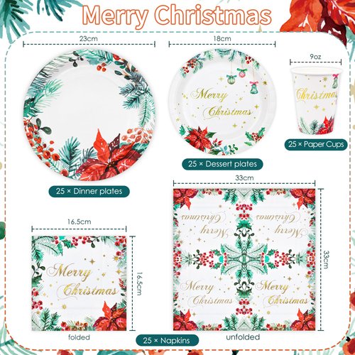 Christmas Party Paper Plates Napkins and Cups Set 100 Watercolor Poinsettia Disposable Dinnerware Tableware Party Supplies