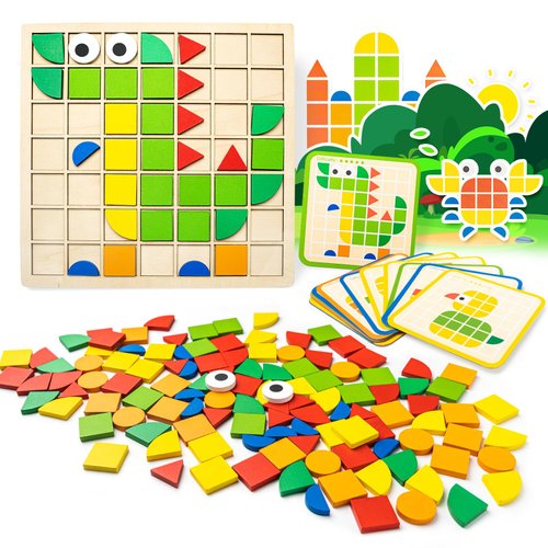 120 PCS Wooden Puzzle Blocks,Commodum Colorful Shape Pattern Montessori Tangram Educational Toys, Kindergarten Classic Educational Geometric Blocks with Cards Puzzles Toys Gifts for Kids Ages 3+