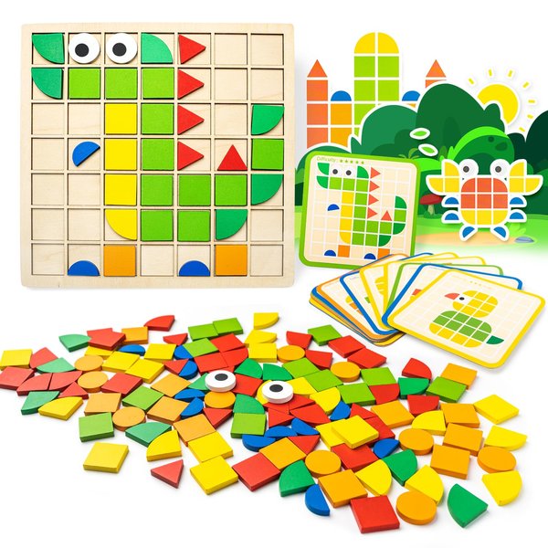 120 PCS Wooden Puzzle Blocks,Commodum Colorful Shape Pattern Montessori Tangram Educational Toys, Kindergarten Classic Educational Geometric Blocks with Cards Puzzles Toys Gifts for Kids Ages 3+