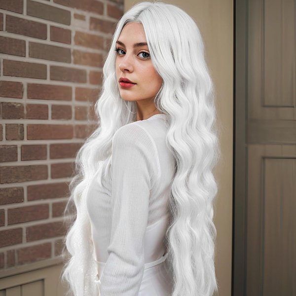 Miuric Long White Wigs for Women 30 Inch Wavy Cosplay Wig Witch Costume Middle Part Synthetic Heat Resistant Wigs for Halloween Party Daily Use
