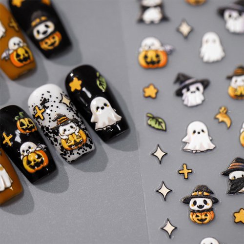 Halloween Nail Art Stickers 5D Embossed Self Adhesive Cute Ghost Nail Stickers for Nail Art Pumpkin Nail Decals Halloween Star Nail Design Halloween Nail Art Supplies for Women Girls