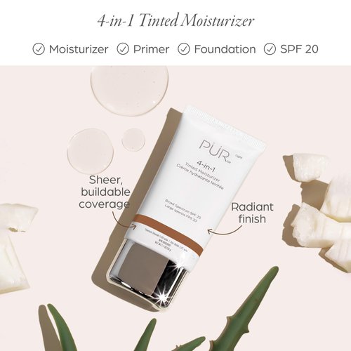 PUR Beauty 4-in-1 Tinted Moisturizer with SPF 20 - Hydrating Skin Tint Face Moisturizer, Primer & Foundation with Shea Butter, Aloe Vera & Vitamin B3 - Vegan Friendly, Paraben Free (Dark)
