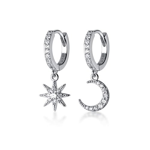 SLUYNZ 925 Sterling Silver Sparkling CZ Star Moon Small Hoop Earrings for Women Teens Asymmetric Star Moon Huggie Earrings (A-Silver)