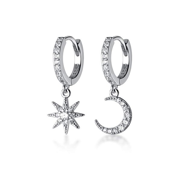 SLUYNZ 925 Sterling Silver Sparkling CZ Star Moon Small Hoop Earrings for Women Teens Asymmetric Star Moon Huggie Earrings (A-Silver)