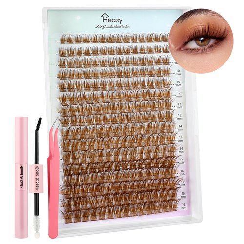 Brown Lash Extension Kit, 224pc Brown Lash Clusters Natural D Curl Individual Lashes DIY Salon at Home