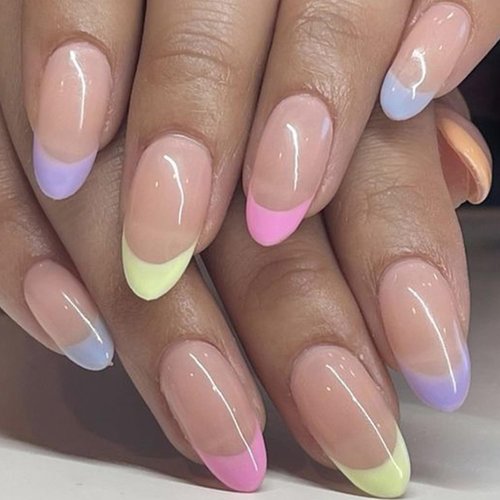 Glamermaid Press on Nails Colorful French Tip, Medium Almond Nude Fake Nails, Short Oval Round Glue on Nails Short Stick on Nails Gel Set, Glitter Shrimmer Acrylic Stiletto False Nail Kit for Women
