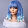 WTHCOS Blue Ombre Short Bob Wig Blue to Light Blue Wig Short Curly Wavy Wig With Bangs for Women Ombre Blue Wig Heat Resistant Synthetic Hair Wigs for Daily Use Cosplay Wig With Wig Cap