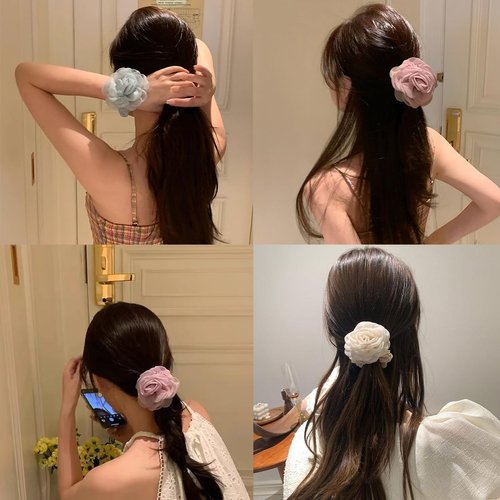 Generic 3Pcs Vintage Rose Flower Elastics Hair Ties Silk Satin Scrunchies Ponytail Holders Hair Accessories for Women Girls, Elastics for Long Thick Hair Rubber Bands with