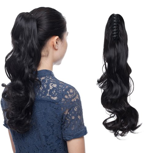 S-noilite Clip In Ponytail Hair Extensions Claw Clip In Ponytail Extention Hairpiece Long Curly Jaw Clip In Ponytail for Women Synthetic Fiber Hair 18 Inch Natural Black