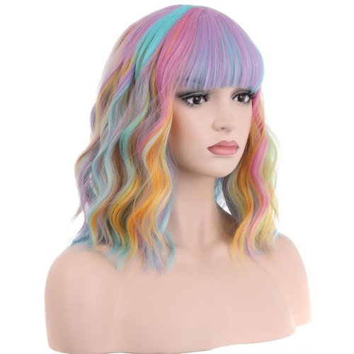 PATTNIUM Rainbow Wig Short Wavy Colorful Wig Pastel Rainbow Wig with Bangs Multicolor Wig for Women Girls Heat Resistant Synthetic Cosplay Costume Wig (Rainbow)