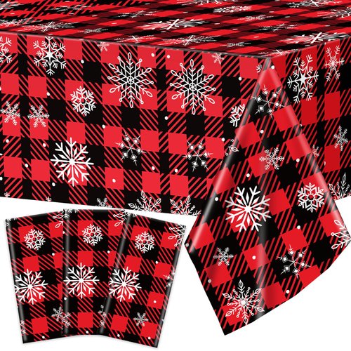 3Pcs Red and Black Buffalo Plaid Merry Christmas Party Tablecloth Decorations Supplies, Plastic White Snowflake Buffalo Plaid Sign Table Cover for Christmas Winter Holiday Indoor Outdoor Party