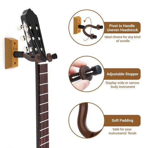 Ohuhu Guitar Wall Mount Hanger: 2-Pack Rotatable Hardwood Guitar Hangers with Screws-Adjustable Stopper Guitar Mount Hook Holder Stand for Ukulele Bass Electric Acoustic Guitar Banjo Mandolin-Wood