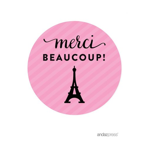 Andaz Press Paris Bonjour Bebe Girl Baby Shower Collection, Round Circle Label Stickers, Merci Be...