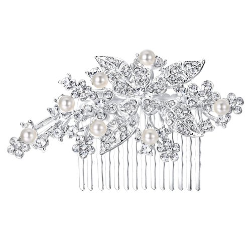 EVER FAITH Bridal Accessories for Women, Orchid Leaf Simulated Pearl Wedding Hair Comb for Bride, Bridesmaids Clear Austrian Crystal Silver-Tone