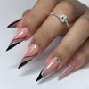 RUOKEXIN Long Stiletto Press on Nails Almond Fake Nails Black French Tip False Nails with Ripple Designs Silver Glitter Glue on Nails Glossy Artificial Nails Natural Stick on Nails for Women 24Pcs