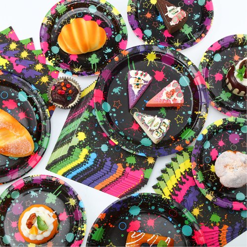 100 Pcs Glow Party Supplies Neon Party Plates Napkins Tableware Neon Glow Birthday Colorful Graffiti Party Decoration Favor for Glow Party Neon Party (Fluorescent Style)