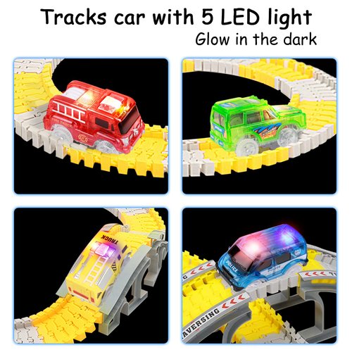 Tracks Cars Replacement Only - Light Up Magic Cars for Tracks Compatible with Glow in The Dark Toy Cars with 5 LED Flashing Lights for Most Race Tracks Only Toy Cars Track Car Accessories (4 Pack)