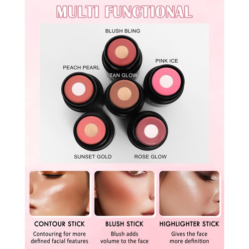 Cream Blush Stick Makeup for Cheeks, Natural Matte Finish Blush Bronzer Contour Sticks, Long Lasting Waterproof Lightweight Creme Blush Highlighter Contouring Stick, Face Shaping Makeup for Women-01