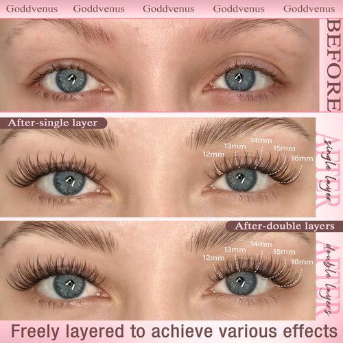 Goddvenus Wispy Lash Clusters Kit 11-16 mm Lash Extension Kit Cluster Eyelash Extension Natural Individual Lashes CD Curled Eyelash Clusters with Lash Bond and Seal and Lash Tweezers for DIY at Home