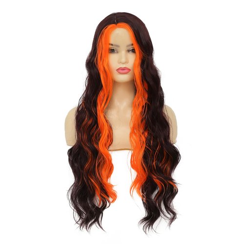 Amnenl Skunk Stripe Wig Long Brown Wavy Wig with Orange Highlight Synthetic Wigs for Women Daily Cosplay Party Halloween Use (28 Inch)