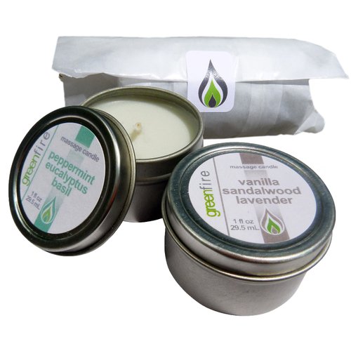 Greenfire All Natural Massage Oil Candles, Lavender Sandalwood Vanilla, Peppermint Eucalyptus Basil Blends, Travel Size 1 Fluid Ounce, Set of 2