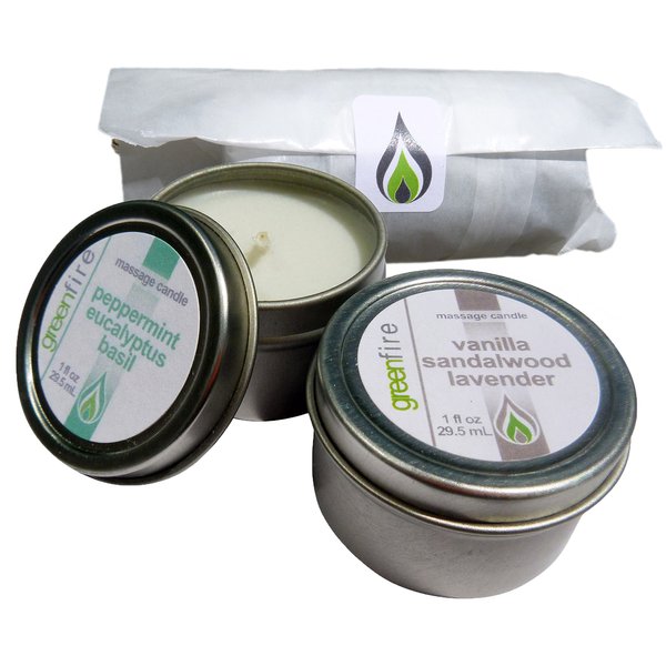 Greenfire All Natural Massage Oil Candles, Lavender Sandalwood Vanilla, Peppermint Eucalyptus Basil Blends, Travel Size 1 Fluid Ounce, Set of 2
