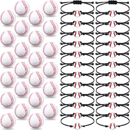 Romooa 48 Pieces Baseball Party Favors Sports Birthday Supplies Set 24 Inspirational Baseball Bracelets 24 Mini Baseball Foam Stress Ball for Sports Theme Birthday Party Team Gifts
