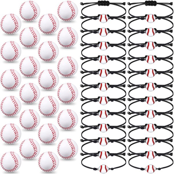 Romooa 48 Pieces Baseball Party Favors Sports Birthday Supplies Set 24 Inspirational Baseball Bracelets 24 Mini Baseball Foam Stress Ball for Sports Theme Birthday Party Team Gifts
